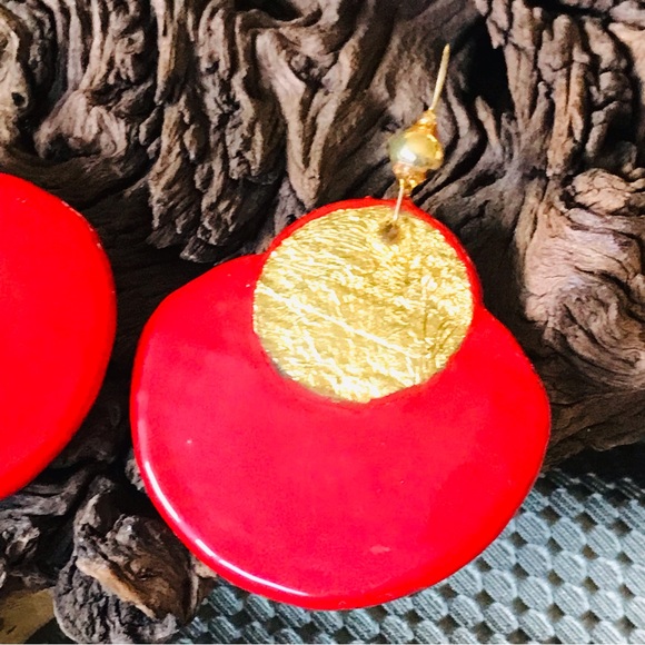 Vintage 80’s Red & Goldleaf Lacquer & Paper Statement OOAK Earrings Signed Dion - Picture 8 of 11